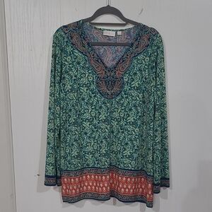 Belle by Kim Gravel Teal Green Floral Tunic with Coral Hem and Paisley Trim